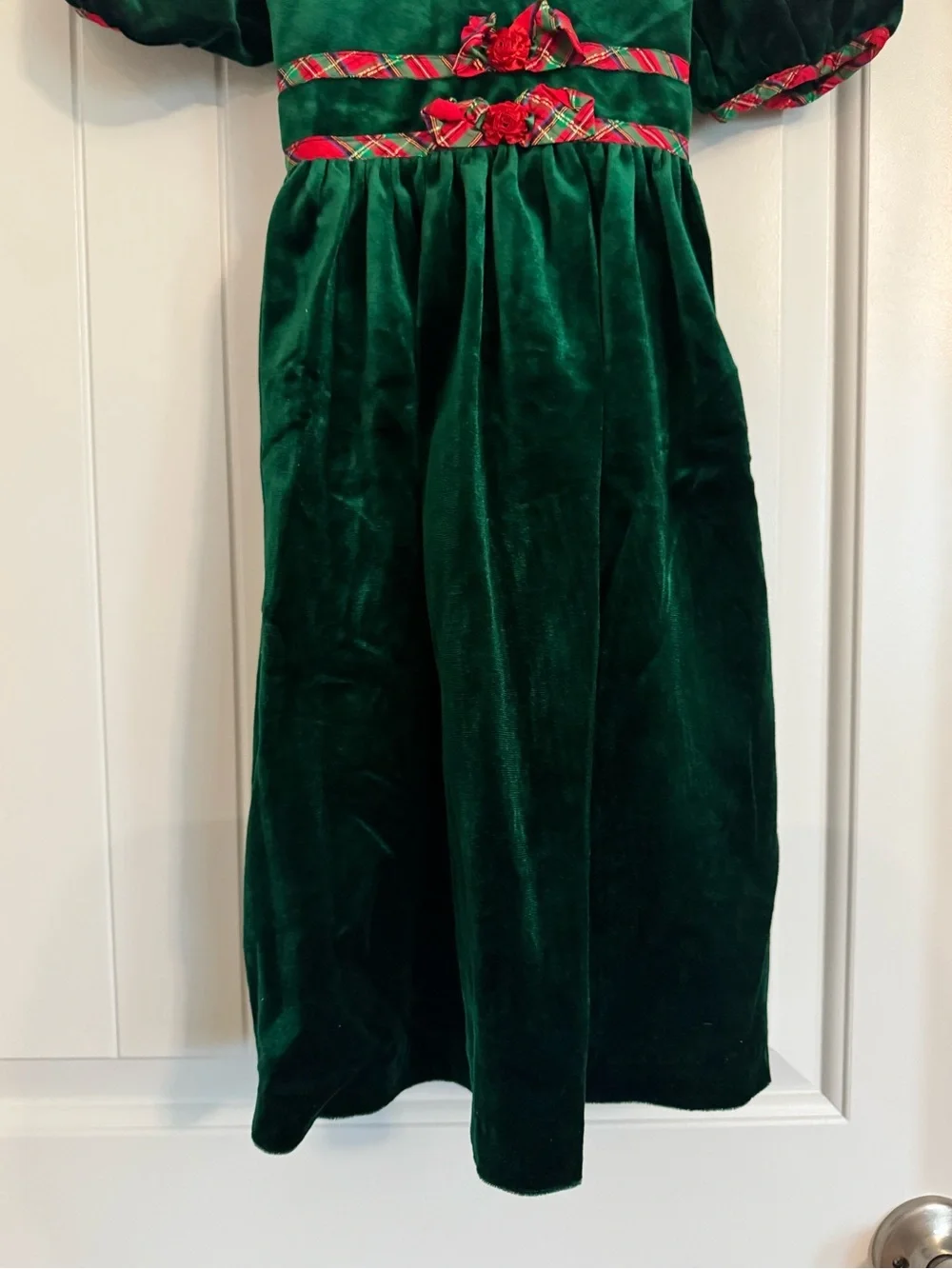 Rare Editions Dark Green Velvet Holiday Dress with Red Plaid Trim